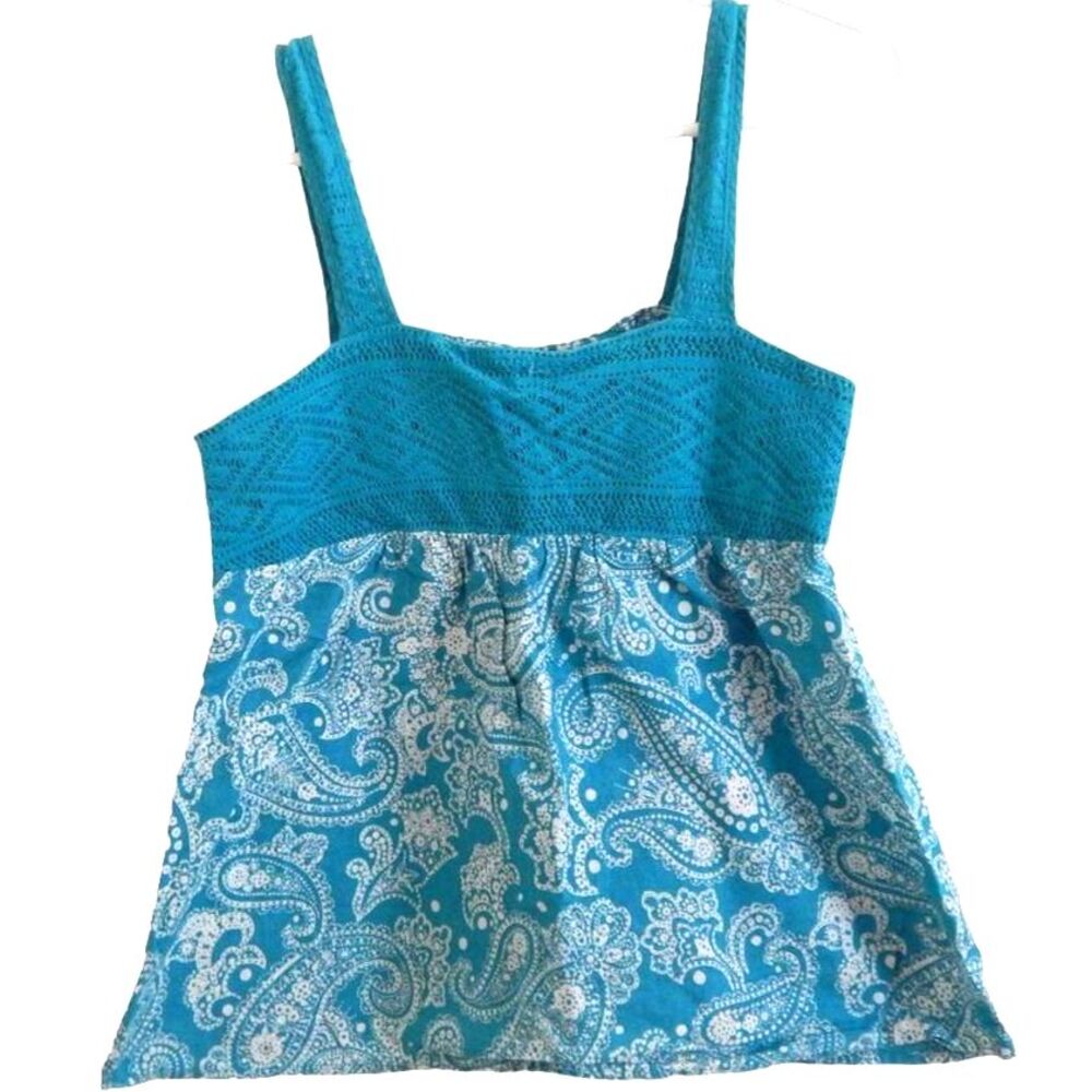 No Boundaries women’s junior’s medium teal paisley crocheted flowy tank top